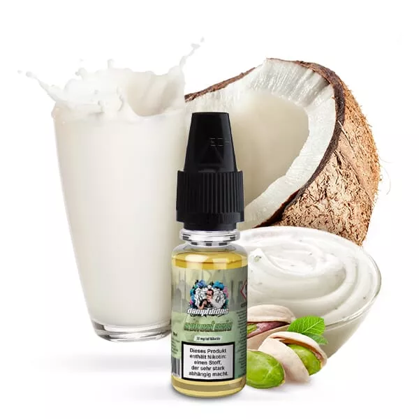 source294903.jpg Dampfdidas Kokostazie Nikotinsalz-Liquid Flasche mit Kokosnuss, Milch und Joghurt im Hintergrund