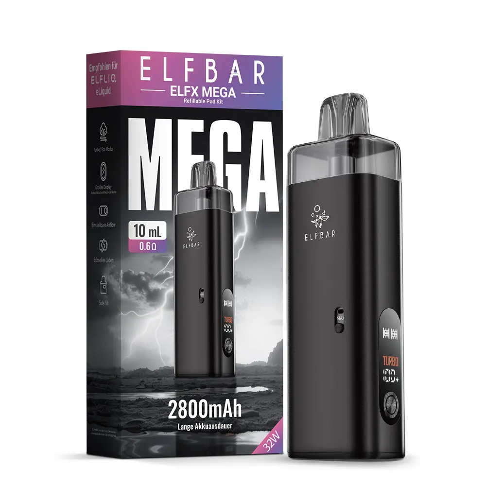 Elfbar ELFX Mega Kit Schwarz mit Verpackungskarton, 2800 mAh Akkuträger und Pod-System