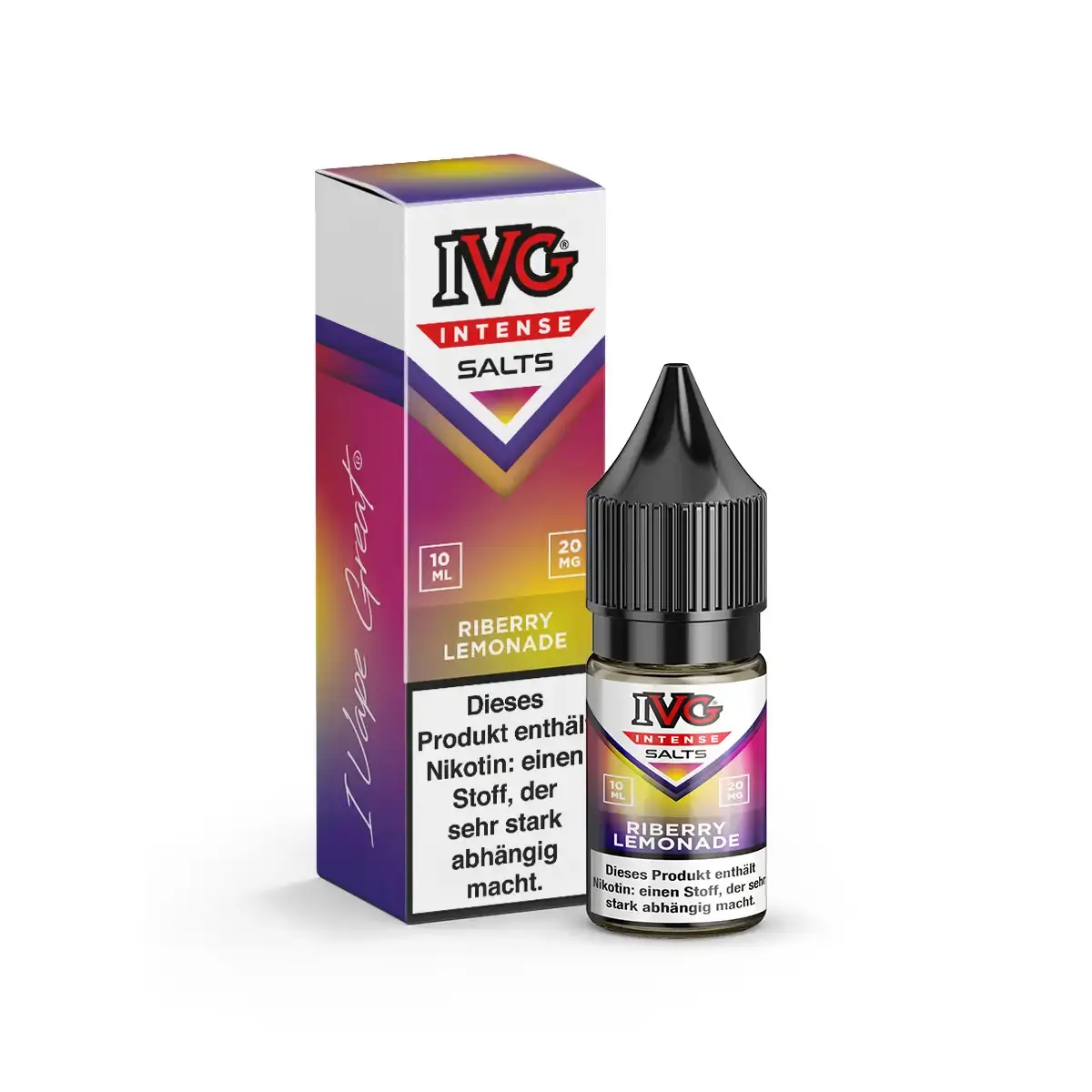 IVG Intense Salts Riberry Lemonade 10ml Nikotinsalz-Liquid – lila-pinke Schachtel und Flasche, Seitenansicht