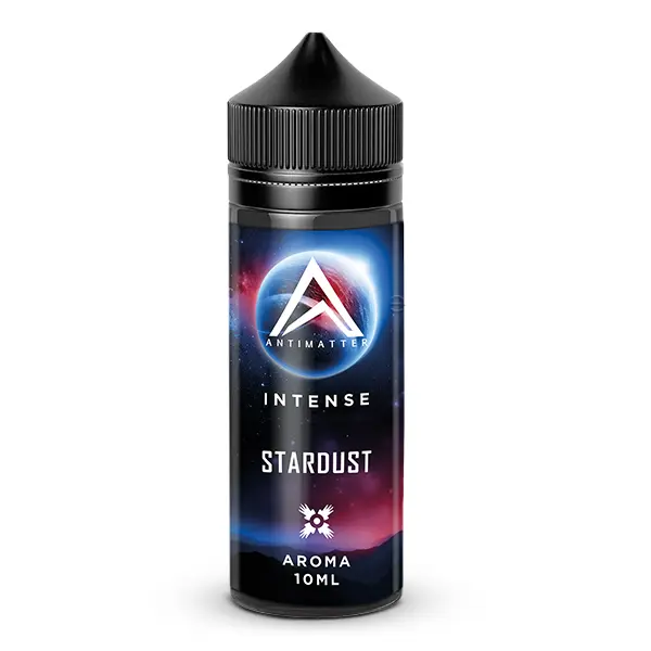 Antimatter Intense Stardust Longfill 10ml, dunkle Flasche mit kosmischem Design vor dunklem Hintergrund