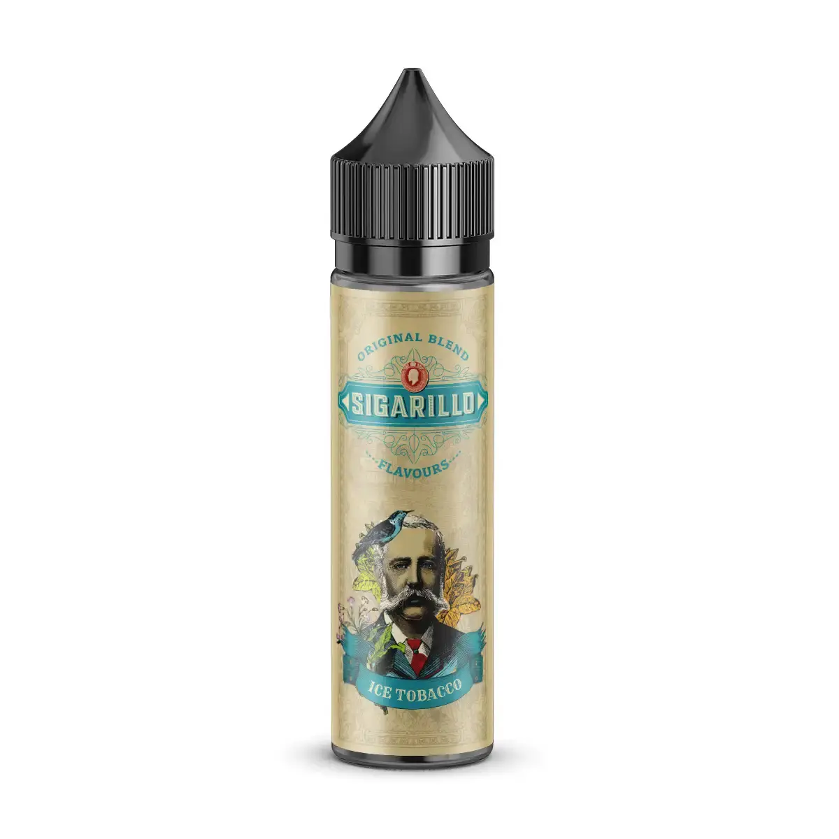 sigarillo-ice-tobacco-6ml-aroma-longfill-steuerware.png Sigarillo Longfill 60ml Flasche mit blau-türkisem Label und Herren-Portrait – Sigarillo Ice Tobacco Longfill
