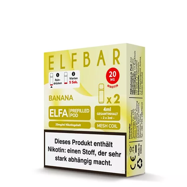Elfbar Elfa Prefilled Pod Banana 20mg/ml – Verpackung mit 2 Pods, 20mg/ml Nikotinsalz