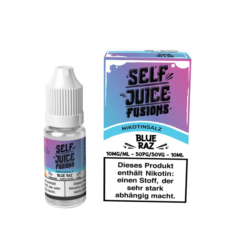 Self Juice Fusions Blue Razz 10ml Nikotinsalz-Liquid – blaue Flasche neben blau-lila Schachtel