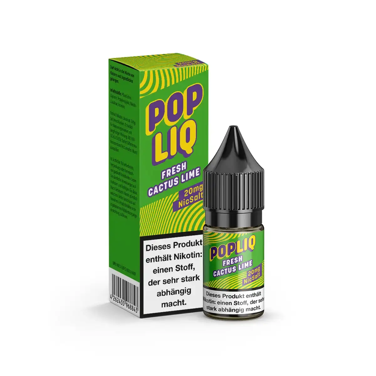PopLiq Fresh Cactus Lime 10ml Nikotinsalz-Liquid – Flasche und Karton in Grün, Seitenansicht