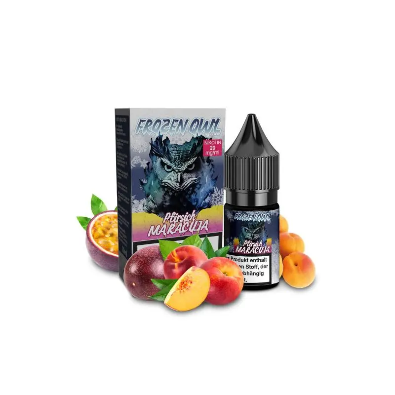 OWL Frozen Pfirsich Maracuja 10ml Nikotinsalz-Liquid – Flasche und Verpackung mit Fruchtmotiv