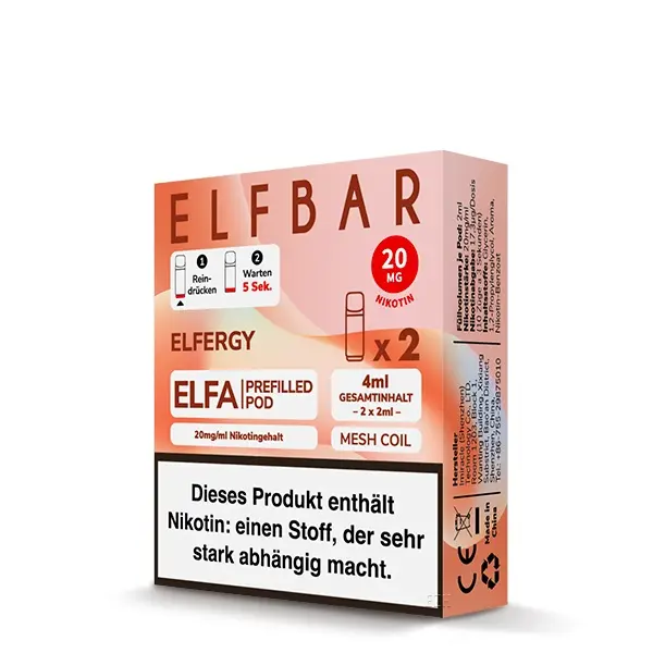 Elfbar Elfa Pods Elfergy 20mg/ml im 2er Pack, orangefarbene Verpackung mit zwei vorgefüllten Pods