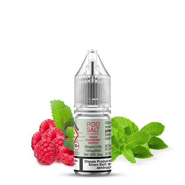 PodSalt Xtra Fresh Raspberry Mojito 10ml Nikotinsalz-Liquid – Flakon mit Himbeeren und Minzblättern