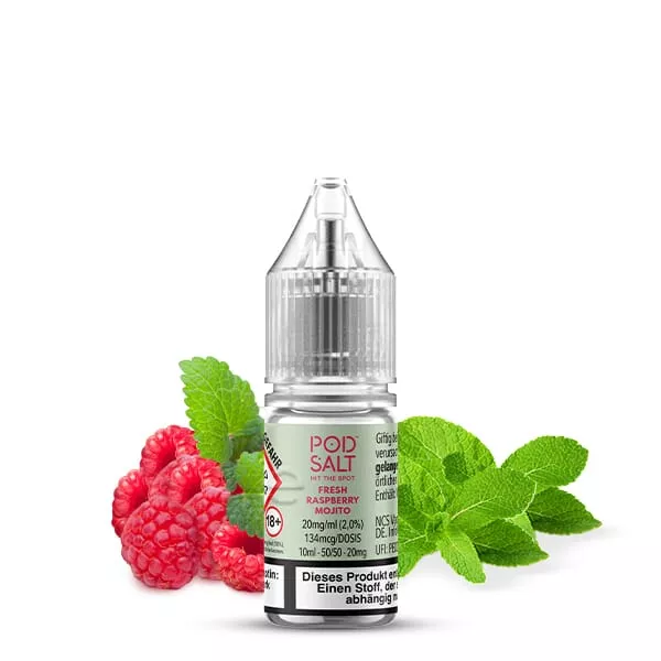 PodSalt Xtra Fresh Raspberry Mojito 10ml Nikotinsalz-Liquid – Flakon mit Himbeeren und Minzblättern