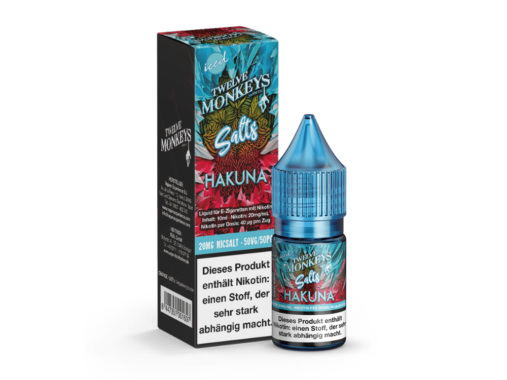 Twelve Monkeys Iced Hakuna 10ml Nikotinsalz-Liquid in Flasche mit blau-roter Verpackung