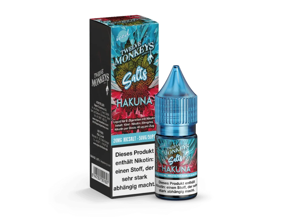 Twelve-Monkeys-NicSalt-20mg-Hakuna_V2_1000x750.png Twelve Monkeys Iced Hakuna 10ml Nikotinsalz-Liquid in Flasche mit blau-roter Verpackung