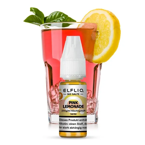 source47555.jpg Elfbar Elfliq Pink Lemonade 10ml Nikotinsalz-Liquid Flasche mit Limonadenmotiv im Hintergrund