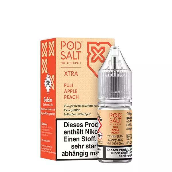 source244700.jpg PodSalt Xtra Fuji Apple Peach 10ml Nikotinsalz-Liquid – Verpackungskarton und Flasche, Frontansicht