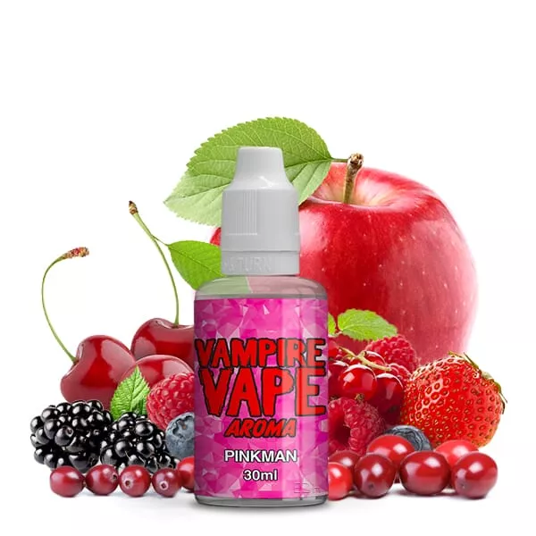 vampire-vape-pinkman-aroma-30ml Vampire Vape Pinkman 30ml Aroma – Flasche zwischen roten Früchten wie Kirschen, Brombeeren, Erdbeeren und Apfel