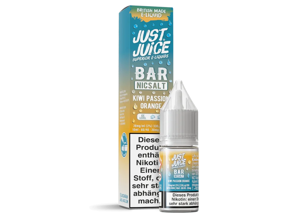 Just Juice Bar Range Kiwi Passion Orange 10ml Nikotinsalz-Liquid, Flasche mit türkis-goldenem Etikett und Produktinfoblatt