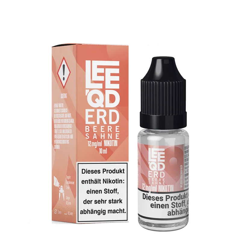 LEEQD Crazy Erdbeere Sahne 10ml Liquid – lachsfarbene Verpackung mit Flasche, Seitenansicht