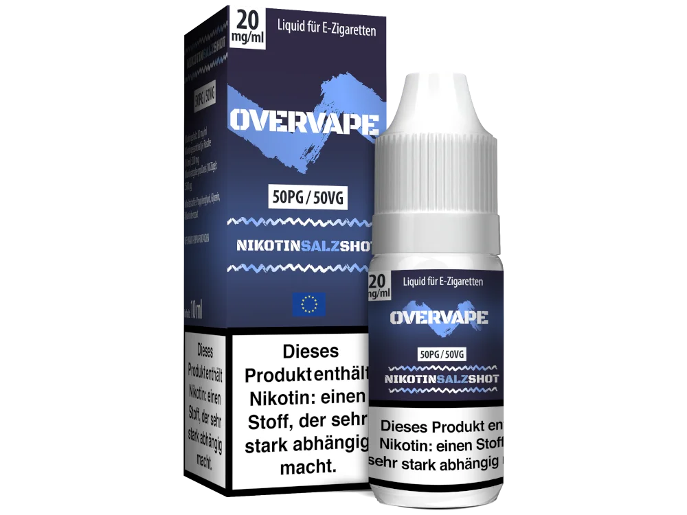 Overvape Nikotinsalz-Shot 50/50 20mg/ml NicSalt – dunkelblaue 10ml Flasche mit weißem Etikett