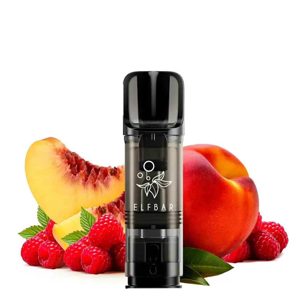 neu-elfbar-elfa-prefilled-pods-2-stueck-raspberry-peach-20mg-ml-steuerware~2.png Elfbar Elfa Prefilled Pod Raspberry Peach, schwarzer Pod vor Himbeeren und Pfirsich, Produktansicht ohne Verpackung