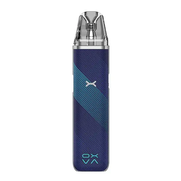 Oxva Xlim Go Pod Kit in Dunkelblau mit diagonalem Streifenmuster und transparentem Pod, Frontansicht