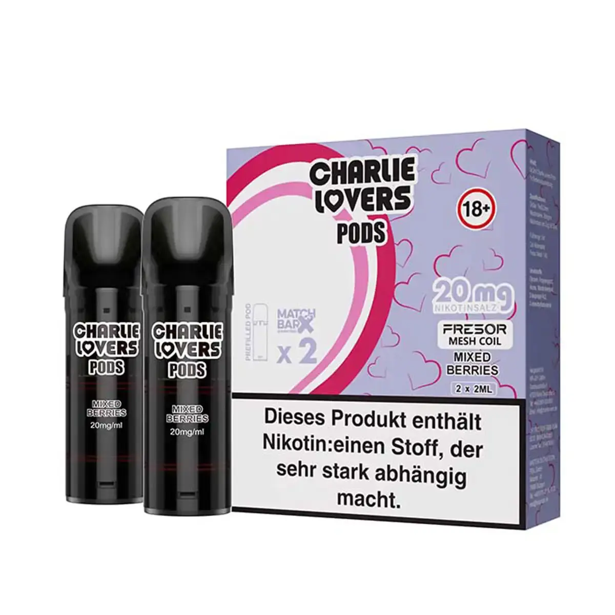 Charlie Lovers Prefilled Pod Mixed Berries 20mg – 2er-Pack in lila Verpackung mit zwei schwarzen Pods