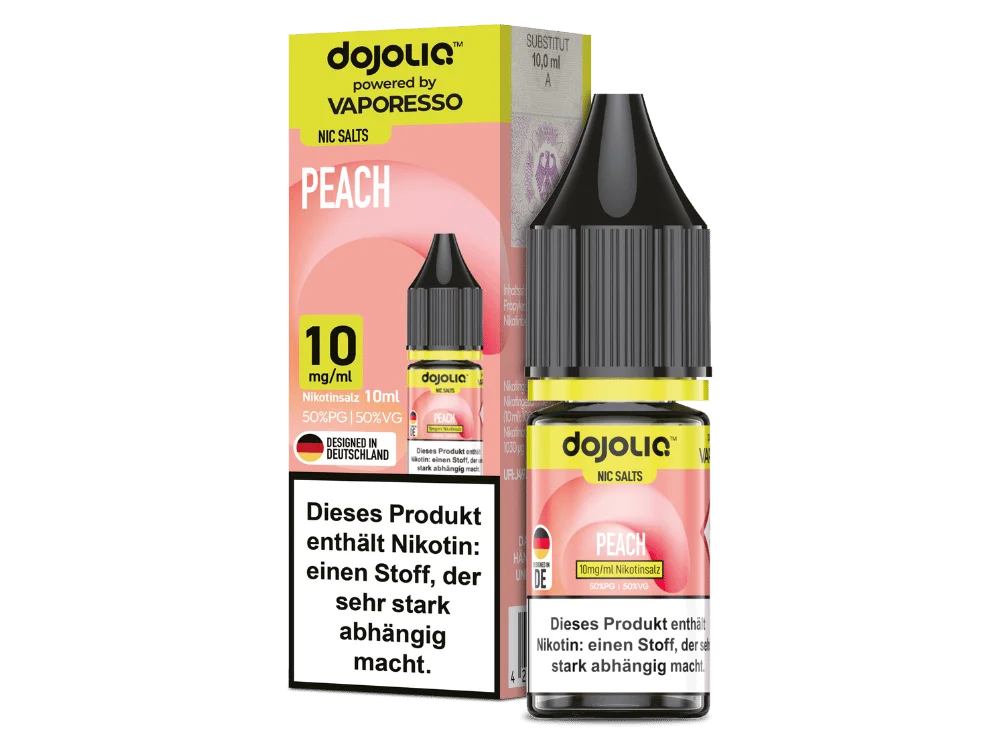 Dojoliq Peach 10ml Nikotinsalz-Liquid von Vaporesso – rosafarbenes Fläschchen mit Produktkarte