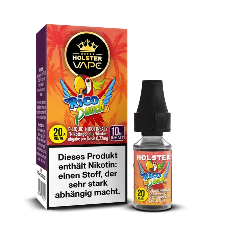 Holster Vape Rico Punch 10ml Nikotinsalz-Liquid, orange-rote Verpackung mit Flasche, 20mg Nikotinsalz