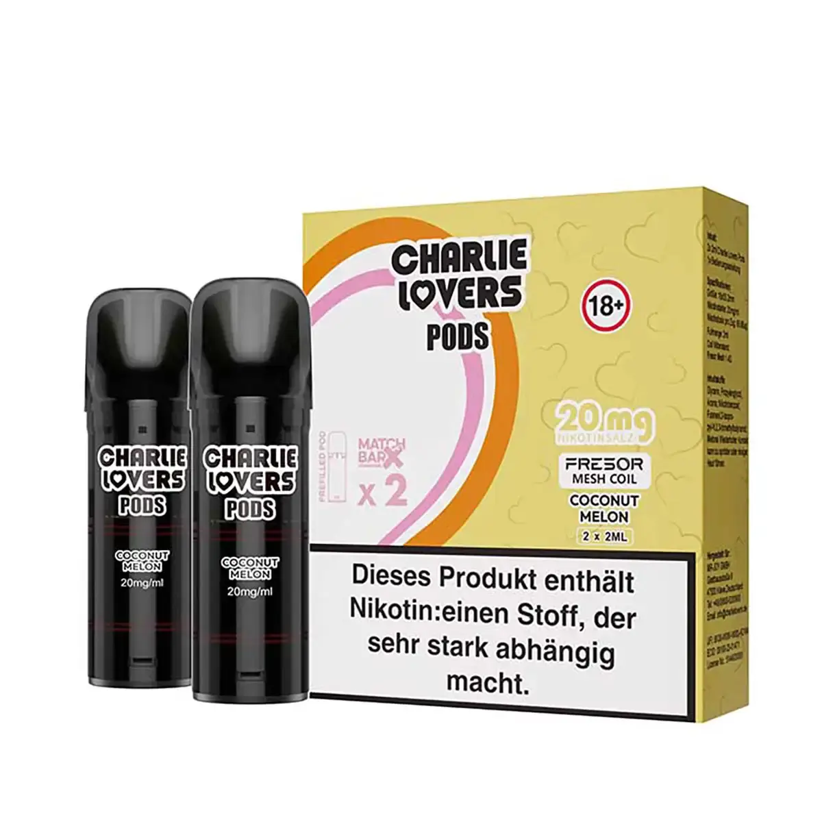 Charlie Lovers Prefilled Pod Coconut Melon – 2er-Pack mit goldgelber Verpackung und zwei schwarzen Pods