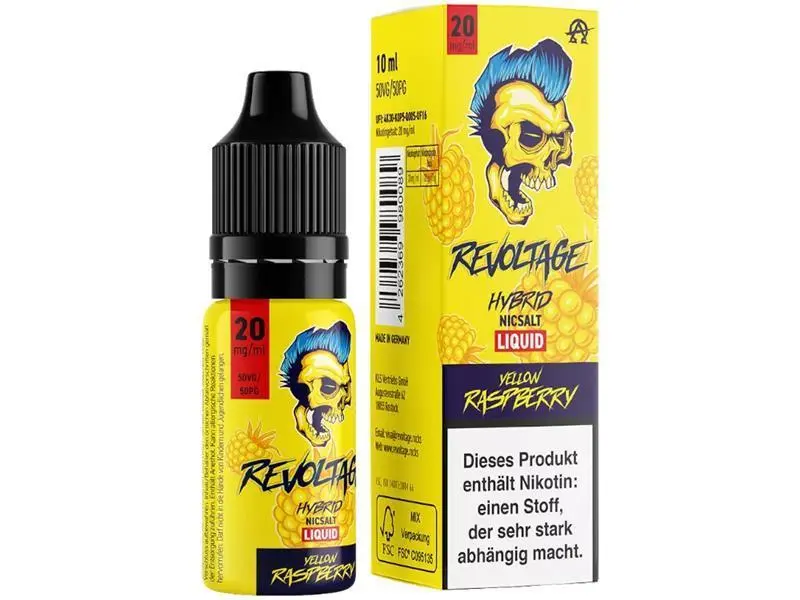 source584554.png Revoltage Yellow Raspberry Hybrid-Nikotinsalz-Liquid 10ml, gelbe Flasche mit Punk-Skull-Motiv, Frontansicht