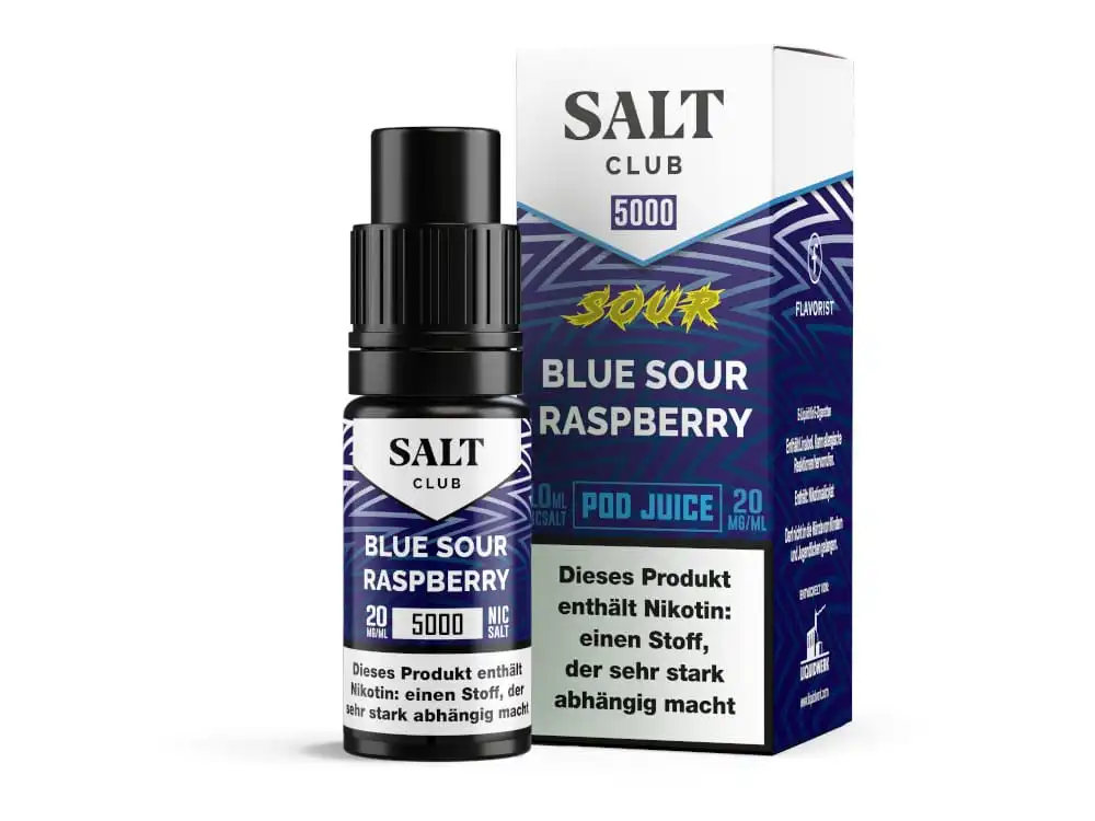 Salt Club 5000 Blue Sour Raspberry Nikotinsalz-Liquid 10ml – dunkelblaue Flasche mit Sour-Verpackungsbox