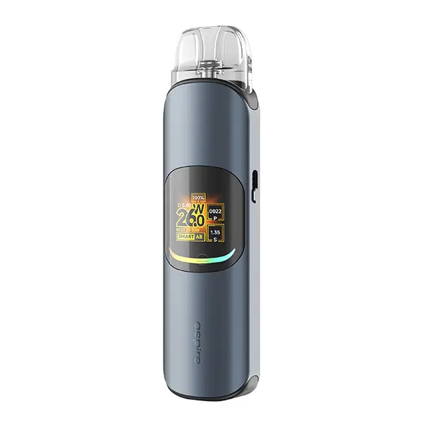 Aspire Pixo Neo Pod Kit in Silbergrau mit rundem Display und transparentem Mundstück, Einzelansicht