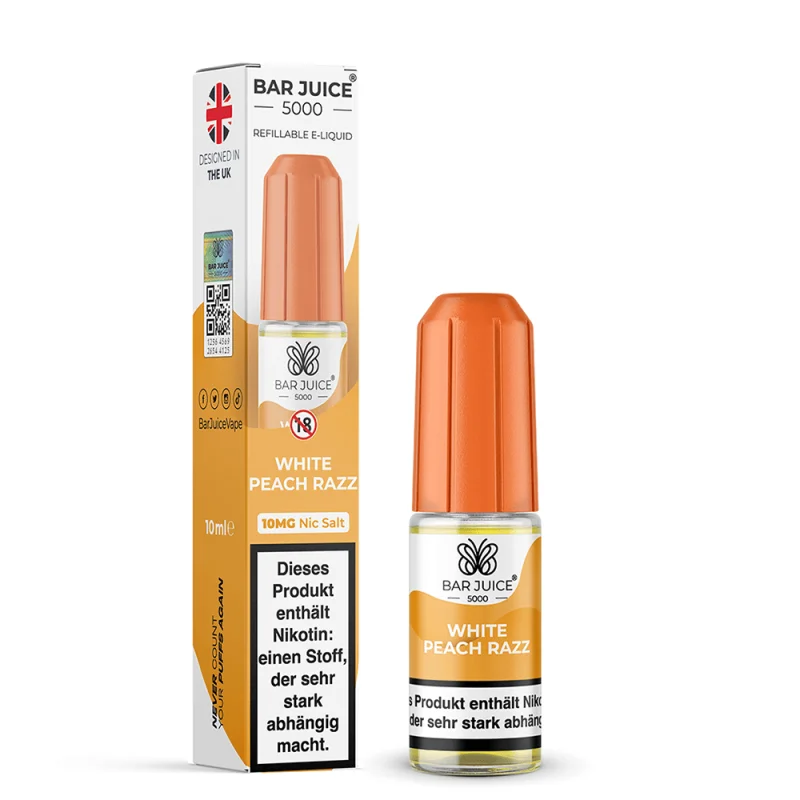 Bar Juice 5000 White Peach Razz Nikotinsalz-Liquid 10ml – orangefarbene Flasche mit Einweg-Vape und Verpackung