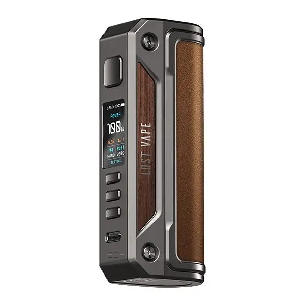 Lost Vape Thelema Solo 100W Mod Akkuträger in Braun mit Leder-Optik und grauem Rahmen, Frontansicht