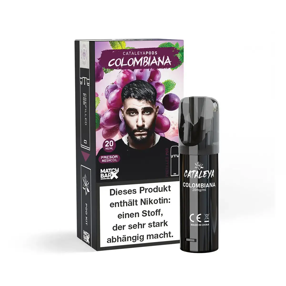 Cataleya Prefilled Pod Colombiana – Verpackung in Violett-Schwarz mit Männerporträt und schwarzem Pod