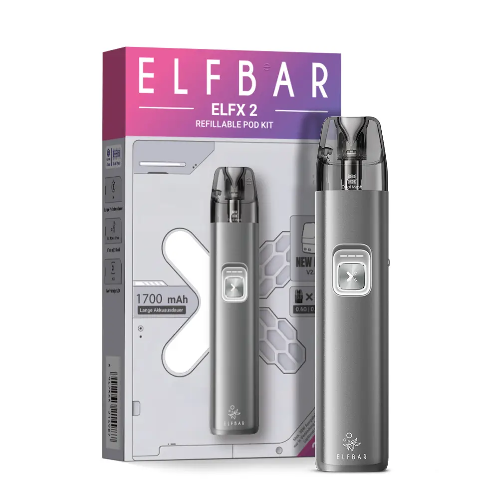 elfbar-elfx-2-space-grey-2.jpg Elfbar ELFX 2 Refillable Kit in Silber-Grau mit Pod-System und Verpackungsbox