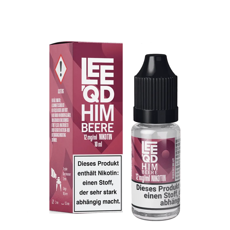 LEEQD Fruit Himbeere 10ml Liquid – pinke Box schräg mit 10-ml-Flasche und Nikotinhinweis