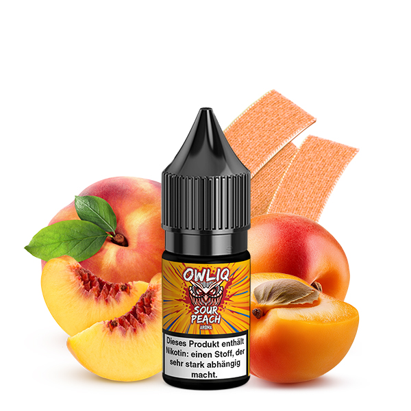 Flasche Owliq Sour Peach 10ml Nikotinsalz-Liquid von OWL mit Pfirsichen im Hintergrund