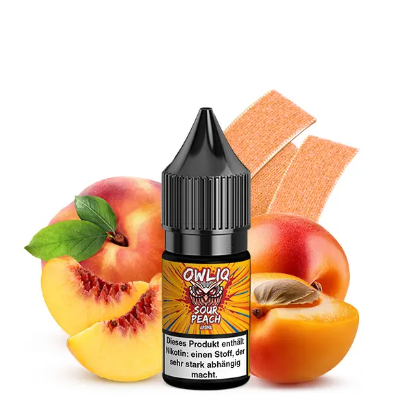 Flasche Owliq Sour Peach 10ml Nikotinsalz-Liquid von OWL mit Pfirsichen im Hintergrund