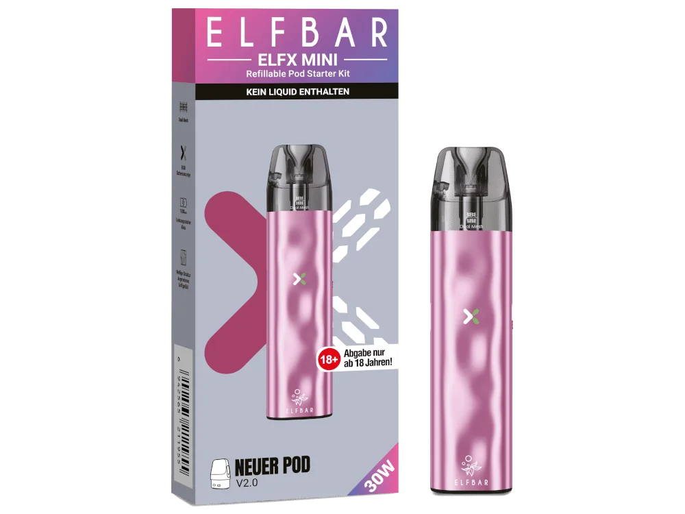 Elfbar ELFX Refillable Mini E-Zigaretten-Set in Pink, Frontansicht mit Pod und Gerät in Verpackung