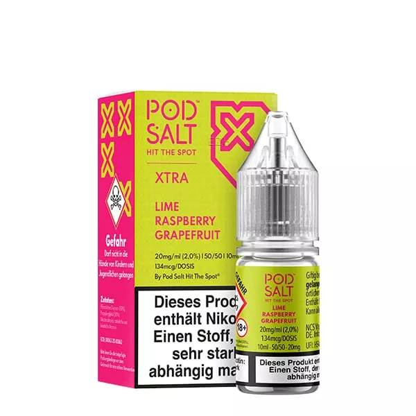 source416199.jpg PodSalt Xtra Lime Raspberry Grapefruit 10ml Nikotinsalz-Liquid – grün-pinke Flasche mit Etikett und Warnhinweis