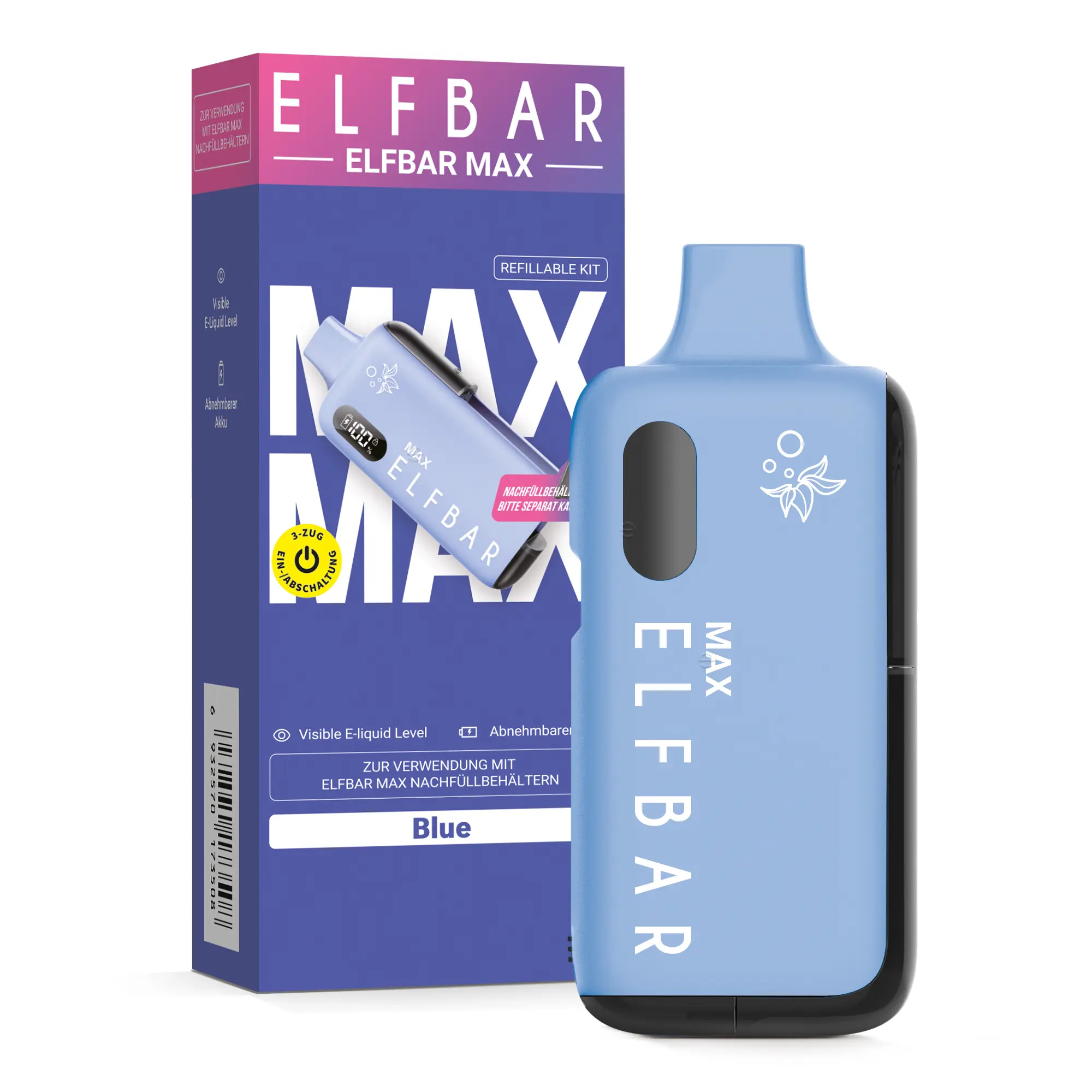 Elfbar Max Kit in Blau mit passender Verpackungsbox, Komplett-Set E-Zigarette ohne Nachfüllbehälter