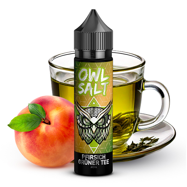 OWL Salt Pfirsich Grüner Tee Longfill 60ml Flasche mit Pfirsich und Teetasse im Hintergrund