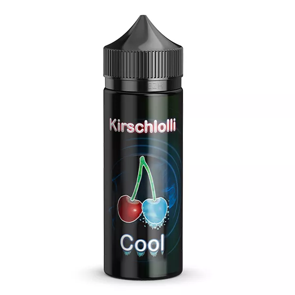 Kirschlolli Cool Longfill – schwarze 120ml-Flasche mit Kirsch-Logo, Freisteller auf weißem Hintergrund