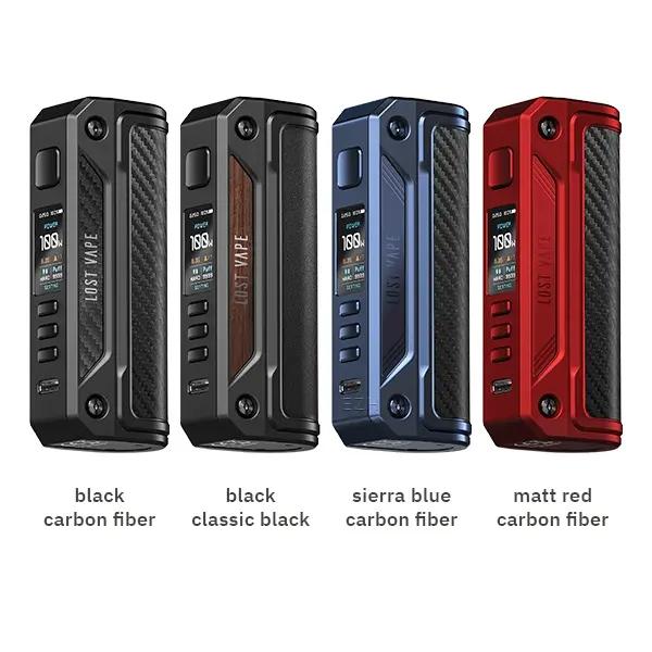 Lost Vape Thelema Solo 100W Akkuträger in vier Farbvarianten: Black Carbon Fiber, Black Classic Black, Sierra Blue Carbon Fiber, Matt Red