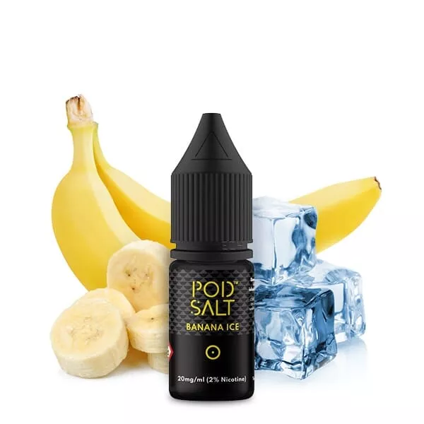 PodSalt Banana Ice Nikotinsalz-Liquid 10ml, schwarze Flasche mit Bananen und Eiswürfeln