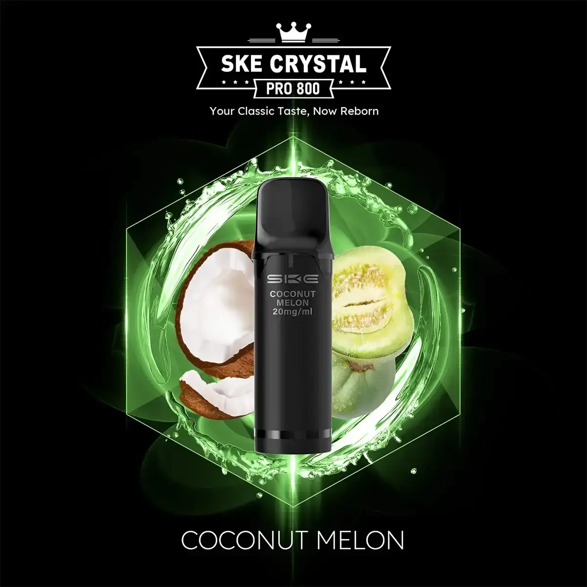 SKE Crystal 800 Pro Prefilled Pod Coconut Melon – zwei schwarze Pods vor grünem Hintergrund mit Kokosnuss