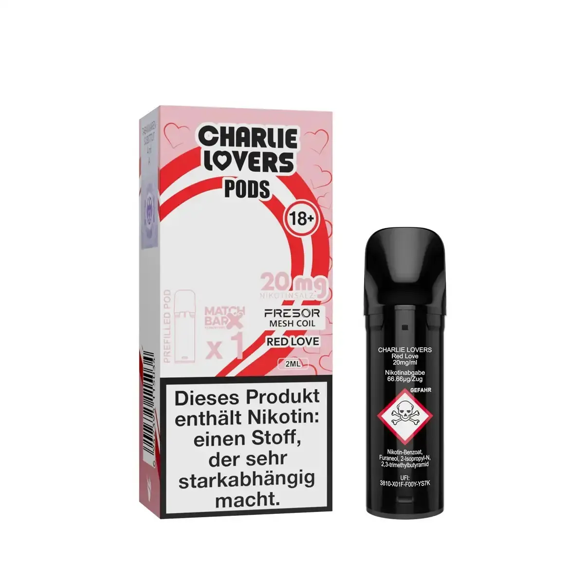 sale-charlie-lovers-prefilled-pod-matchbar-1-stueck-red-love-20mg-ml-steuerware.png Charlie Lovers Prefilled Pod Red Love – Verpackung und schwarzer Pod mit rotem Etikett
