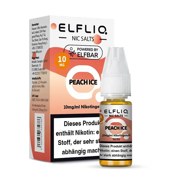 Elfbar Elfliq Peach Ice 10ml Nikotinsalz-Liquid – orangefarbene Flasche mit Schachtel, 10mg Nikotin