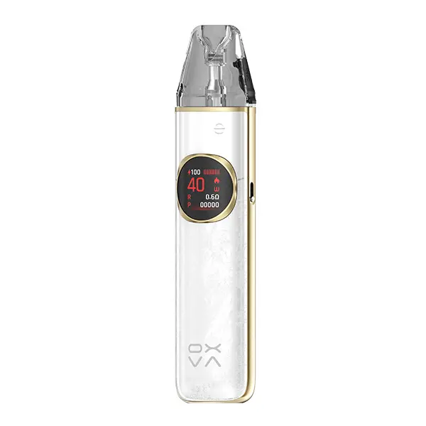 Oxva NeXlim 2 Pod Kit in Weiß mit Goldakzenten und rundem OLED-Display, Frontalansicht