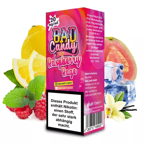 Bad Candy Raspberry Rage 10ml Nikotinsalz-Liquid Flasche in Pink mit Himbeere, Zitrone und Eiswürfeln