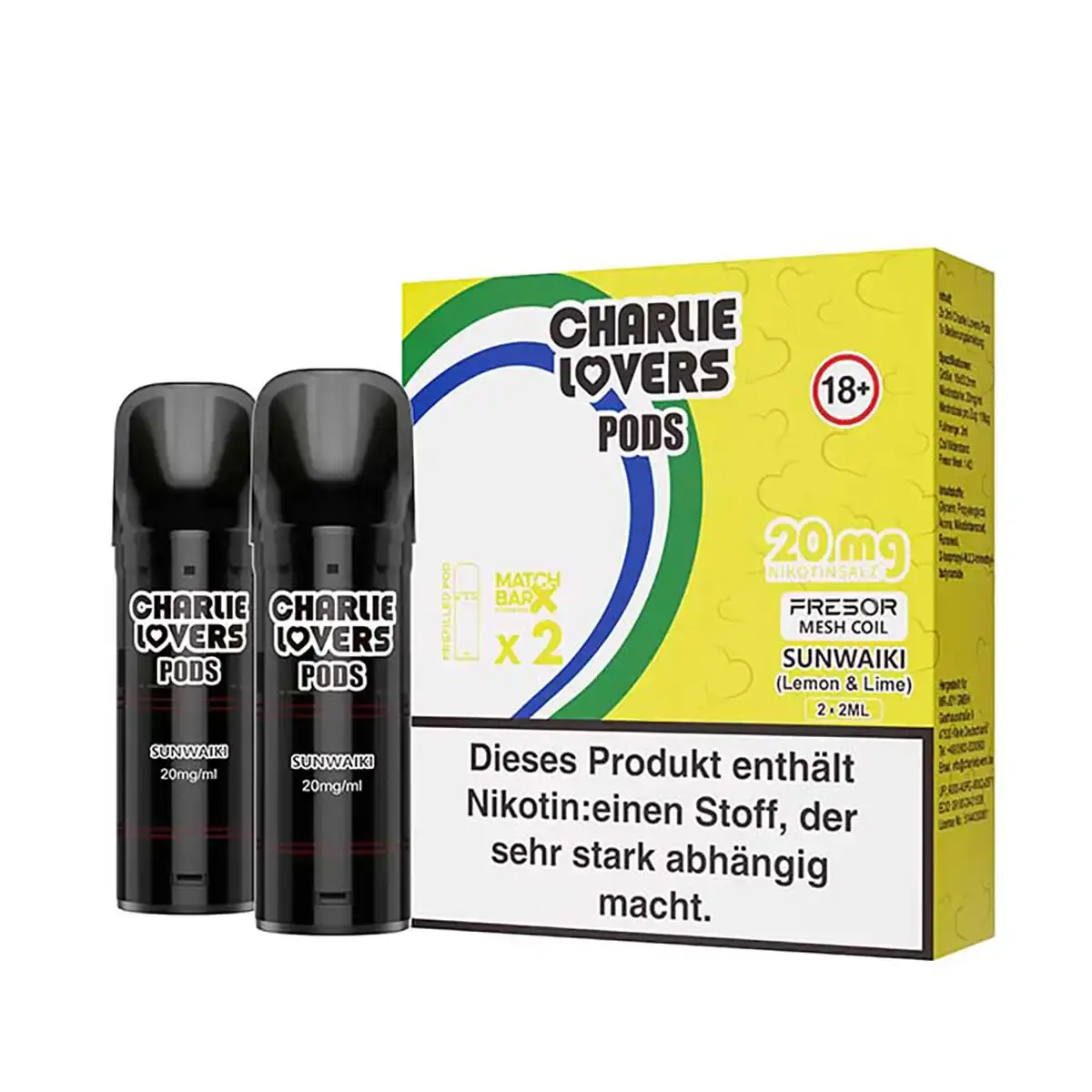 Charlie Lovers Prefilled Pod Sunwaiki 20mg – zwei schwarze Pods neben gelbgrüner Verpackung