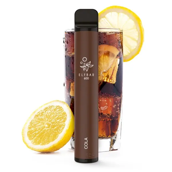 Elfbar 600 Einweg E-Zigarette in Braun, Cola-Geschmack, 20mg/ml Nikotin, mit Cola-Glas und Zitrone